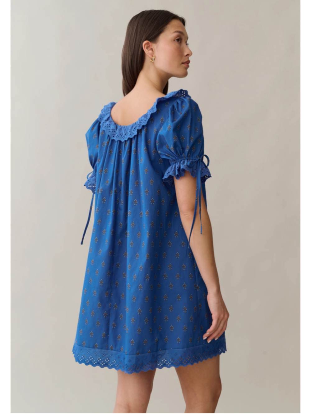Women's kourt Juliet Cotton Blue Brown Floral Print and Eyelet Trim, Size M - Picture 3 of 9